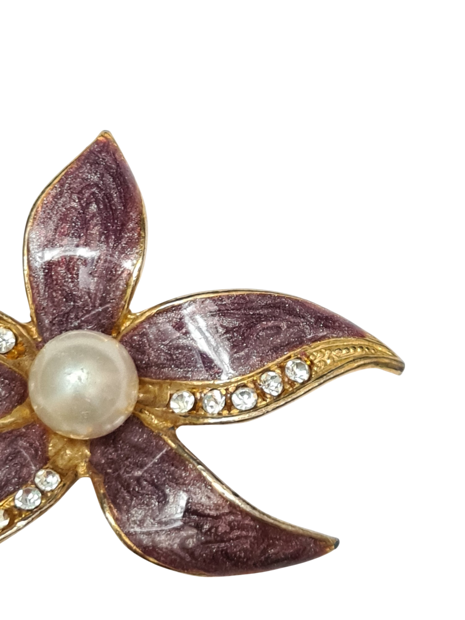 Broche fleur émaillée avec perle et strass des années 60/70 Brocante
