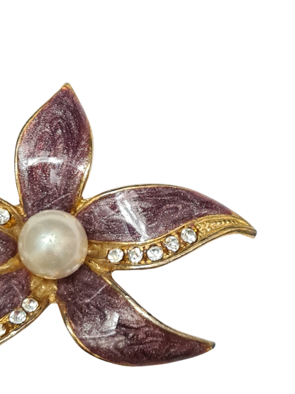 Broche fleur émaillée avec perle et strass des années 60/70 Brocante
