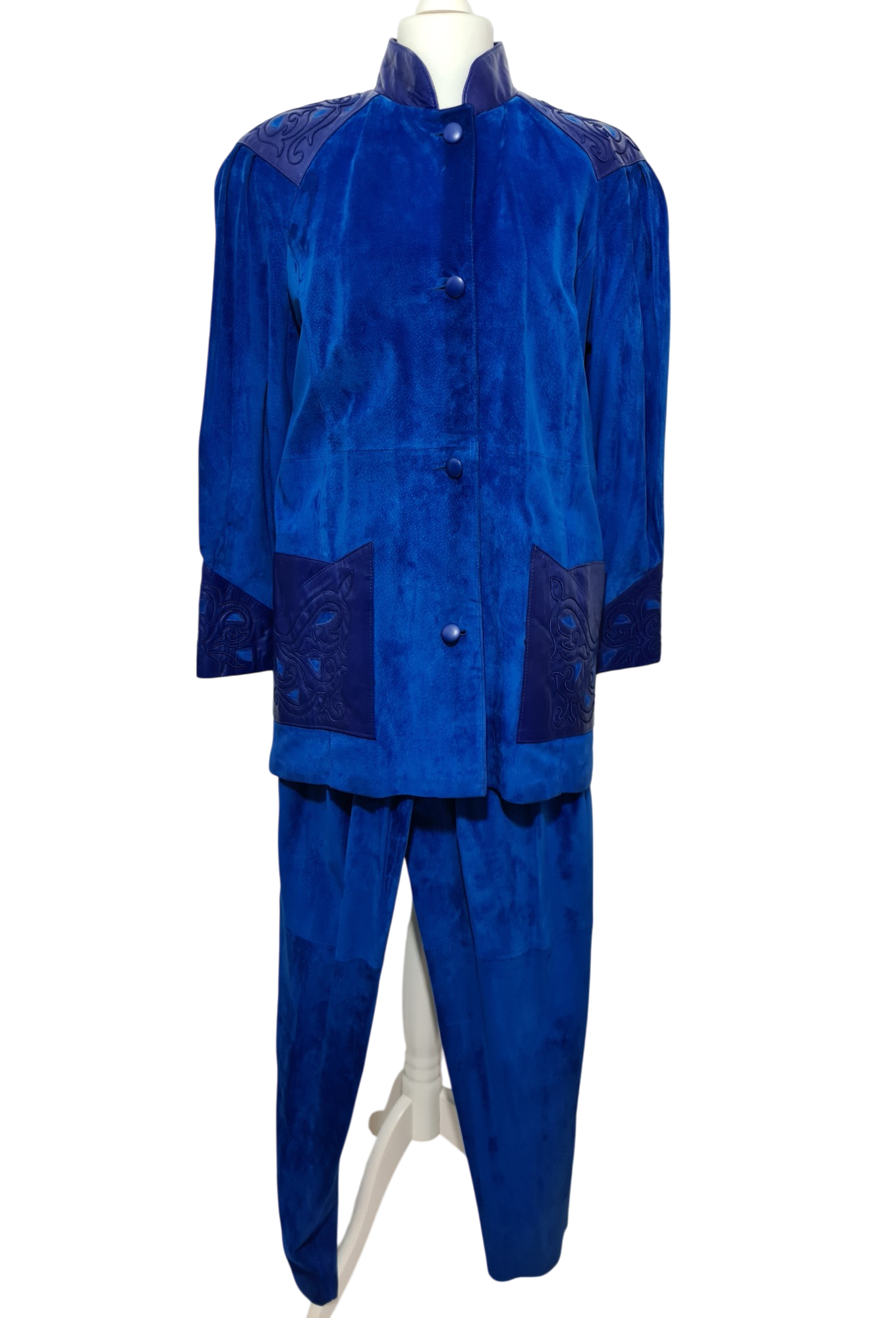 Ensemble femme en cuir bleu électrique des années 80 EMMAUS