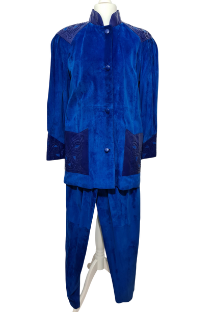 Ensemble femme en cuir bleu électrique des années 80 EMMAUS