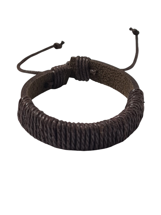 Bracelet cuir marron large cordage central réglable