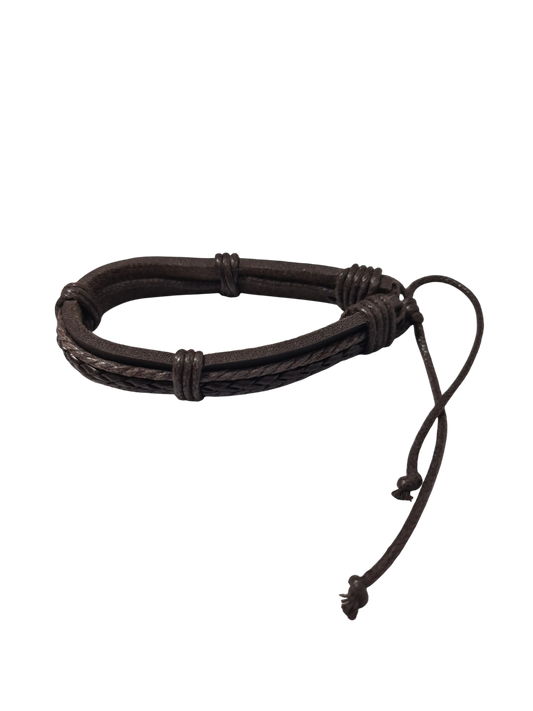 Bracelet cuir marron cordons et tressage réglable