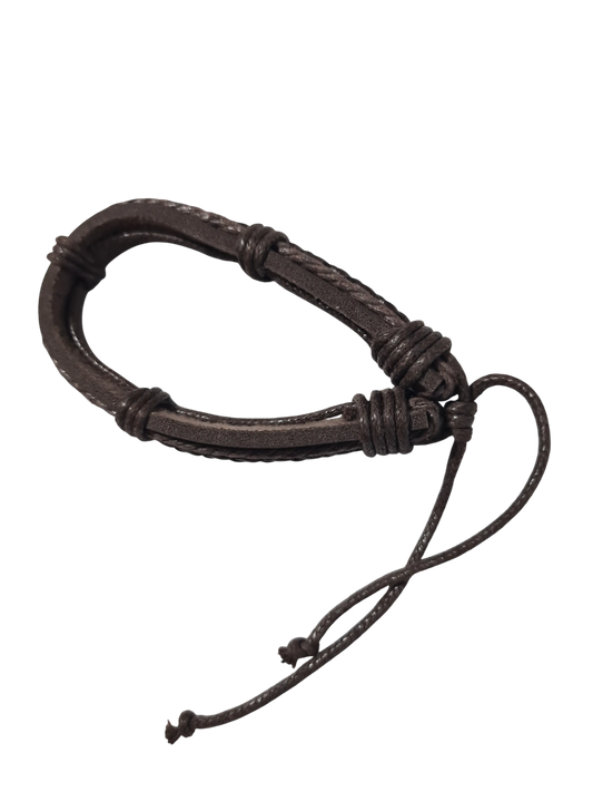 Bracelet cuir marron cordons et tressage réglable