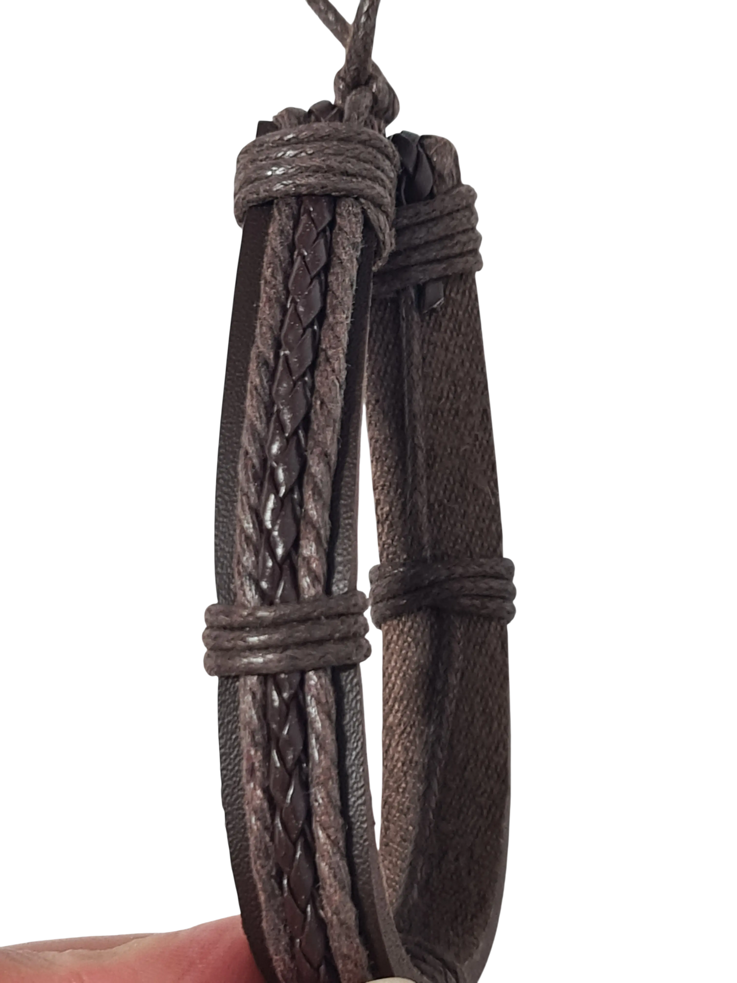 Bracelet cuir marron cordons et tressage réglable