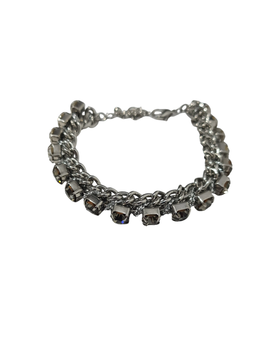Bracelet métal argenté strass blanc gris fermoir