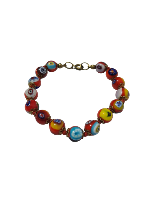 Bracelet vintage perles verre millefiori style Murano multicolore