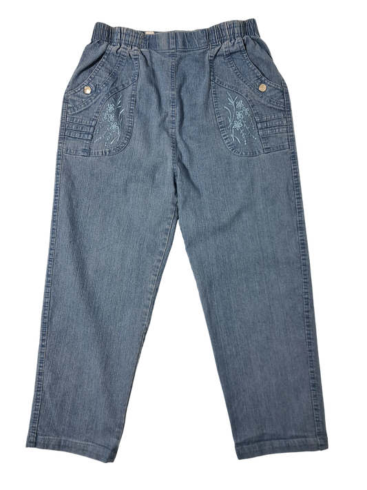 Jean court taille haute brodé fleurs denim L