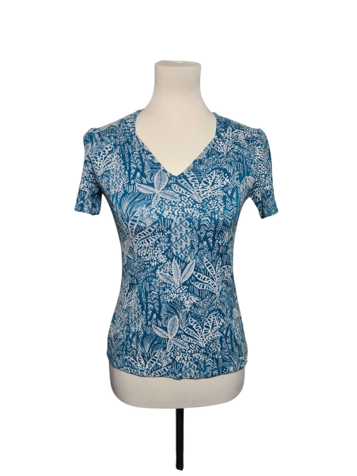 T-shirt Antoine et Lili bleu motifs végétaux col V T38 Made in France