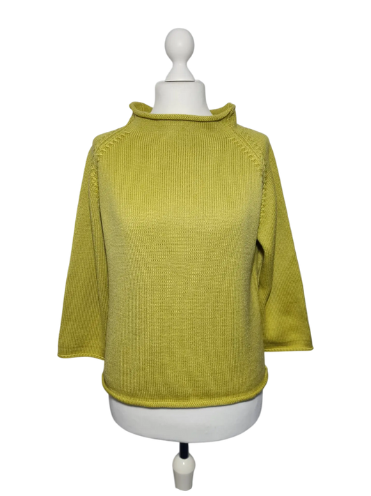 Pull col cheminée laine mérinos jaune vert Made in Italy