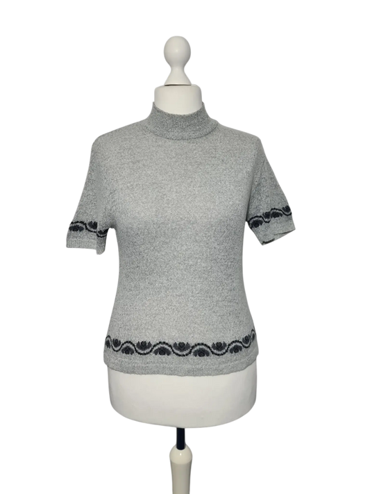 Pull gris col cheminée manches courtes vintage