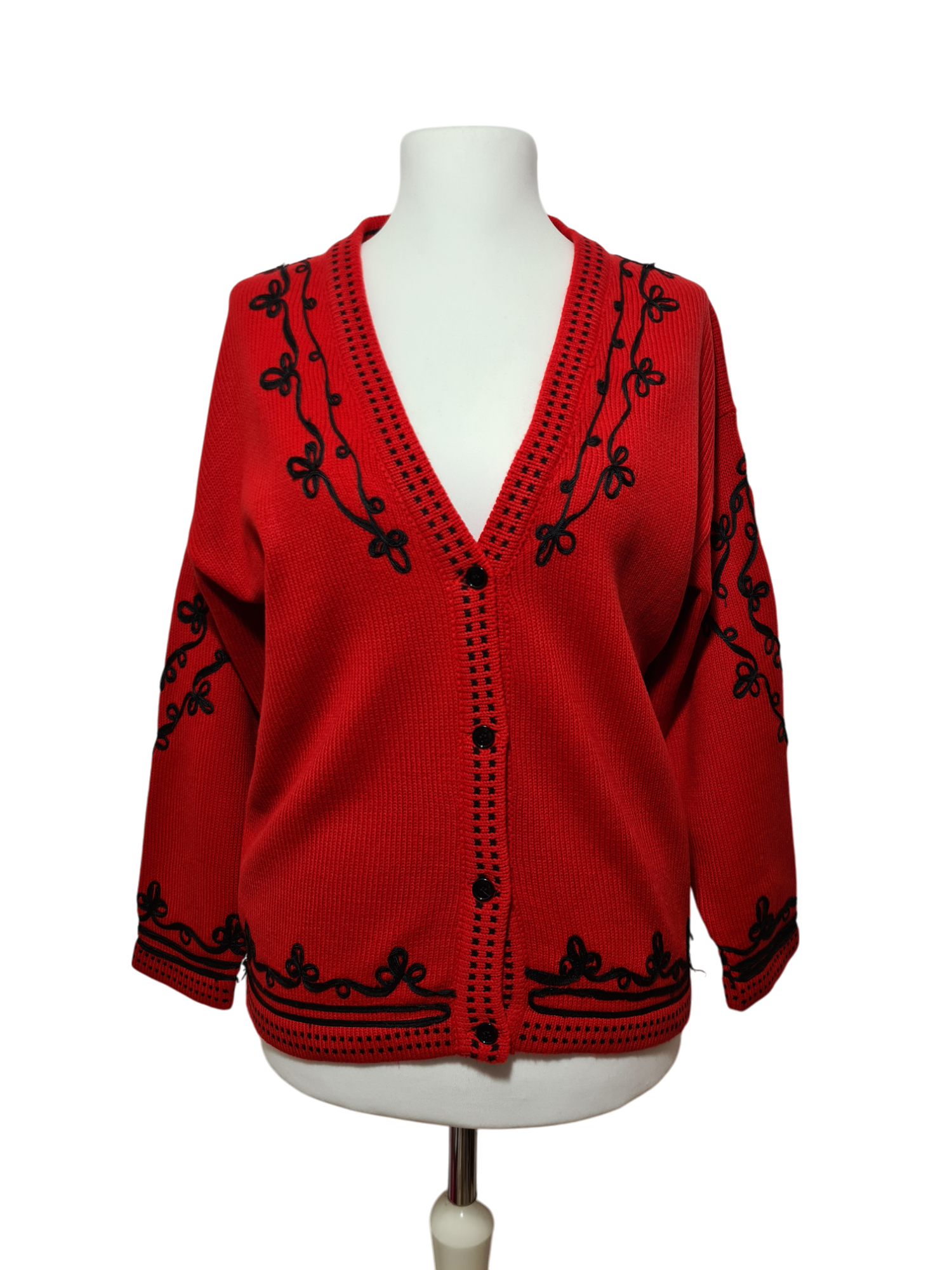 Cardigan rouge brodé style épaules tombantes Caroll des années 80-90 EMMAUS