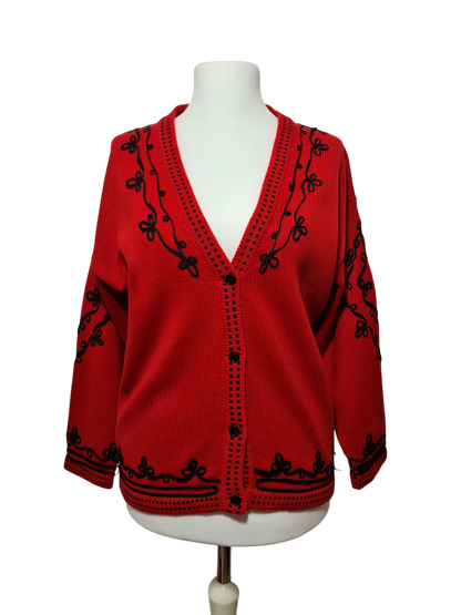 Cardigan rouge brodé style épaules tombantes Caroll des années 80-90 EMMAUS