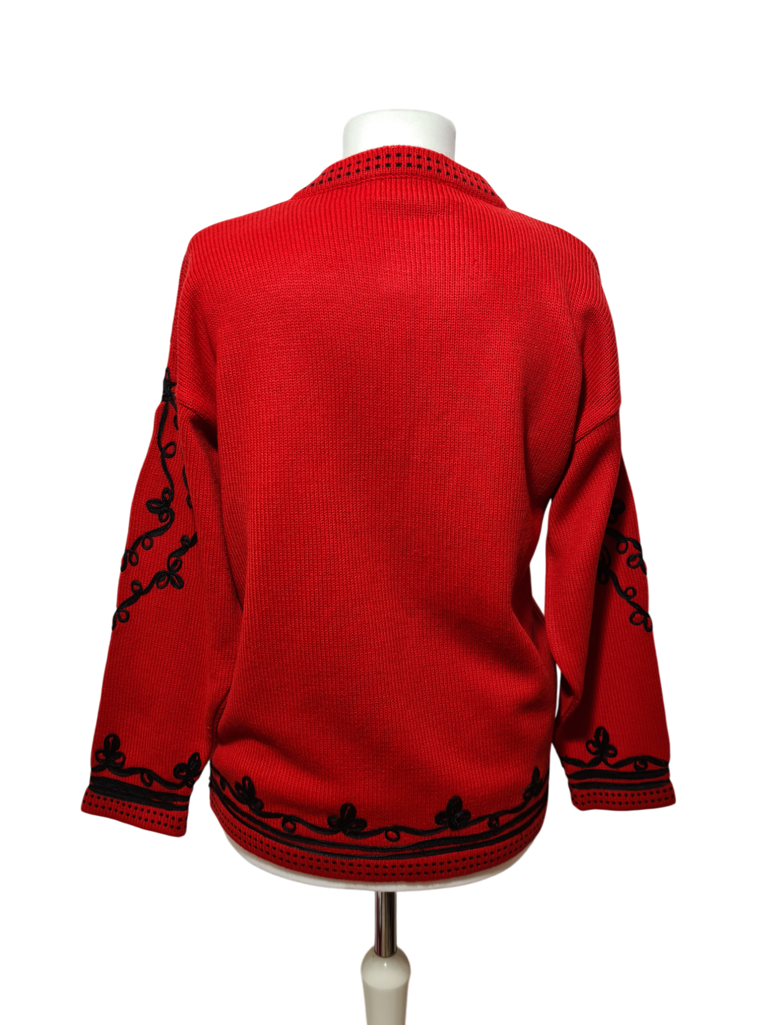 Cardigan rouge brodé style épaules tombantes Caroll des années 80-90 EMMAUS