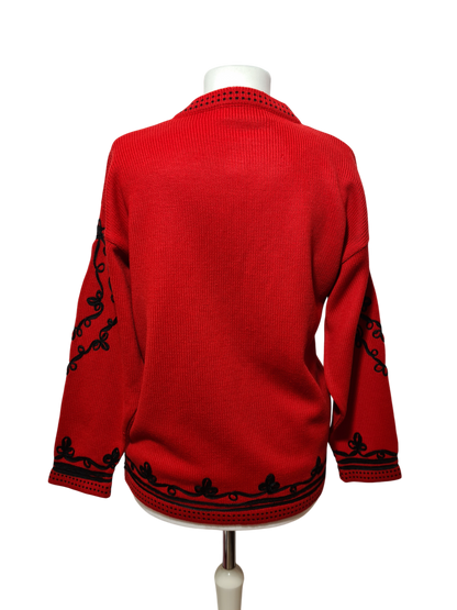 Cardigan rouge brodé style épaules tombantes Caroll des années 80-90 EMMAUS