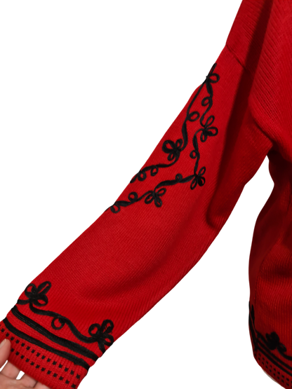 Cardigan rouge brodé style épaules tombantes Caroll des années 80-90 EMMAUS