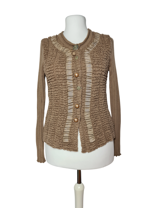 Cardigan laine et acrylique femme beige taupe boutons perles et roses des années 80/90 EMMAUS