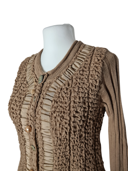 Cardigan laine et acrylique femme beige taupe boutons perles et roses des années 80/90 EMMAUS