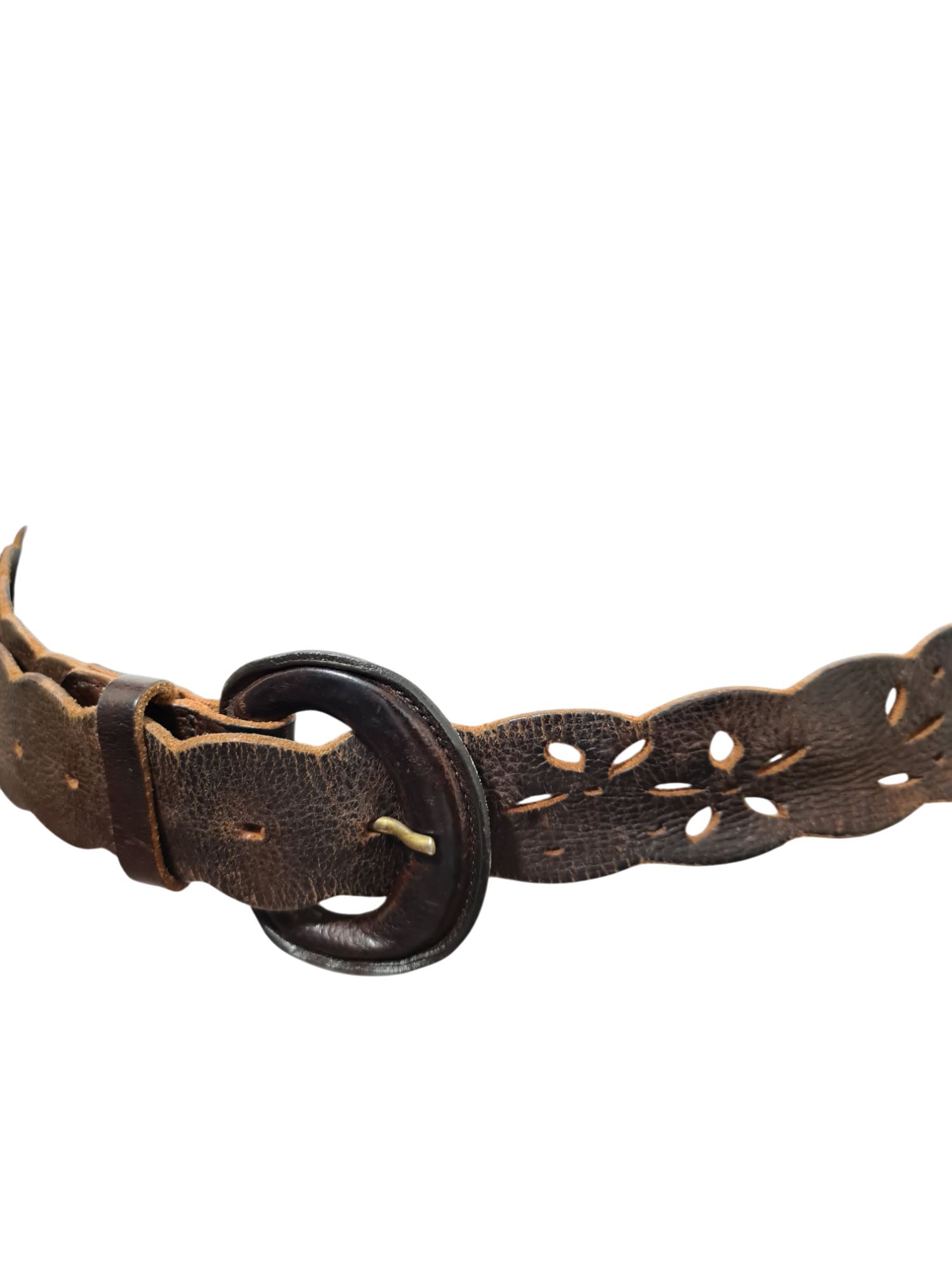 Ceinture marron perforée ajourée motifs floraux en cuir véritable des années 70-80 - FRIPEO