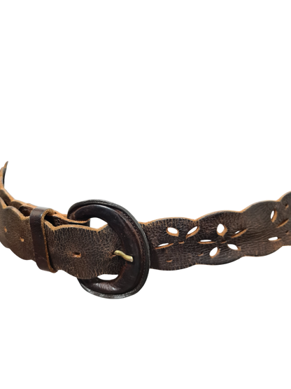 Ceinture marron perforée ajourée motifs floraux en cuir véritable des années 70-80 - FRIPEO