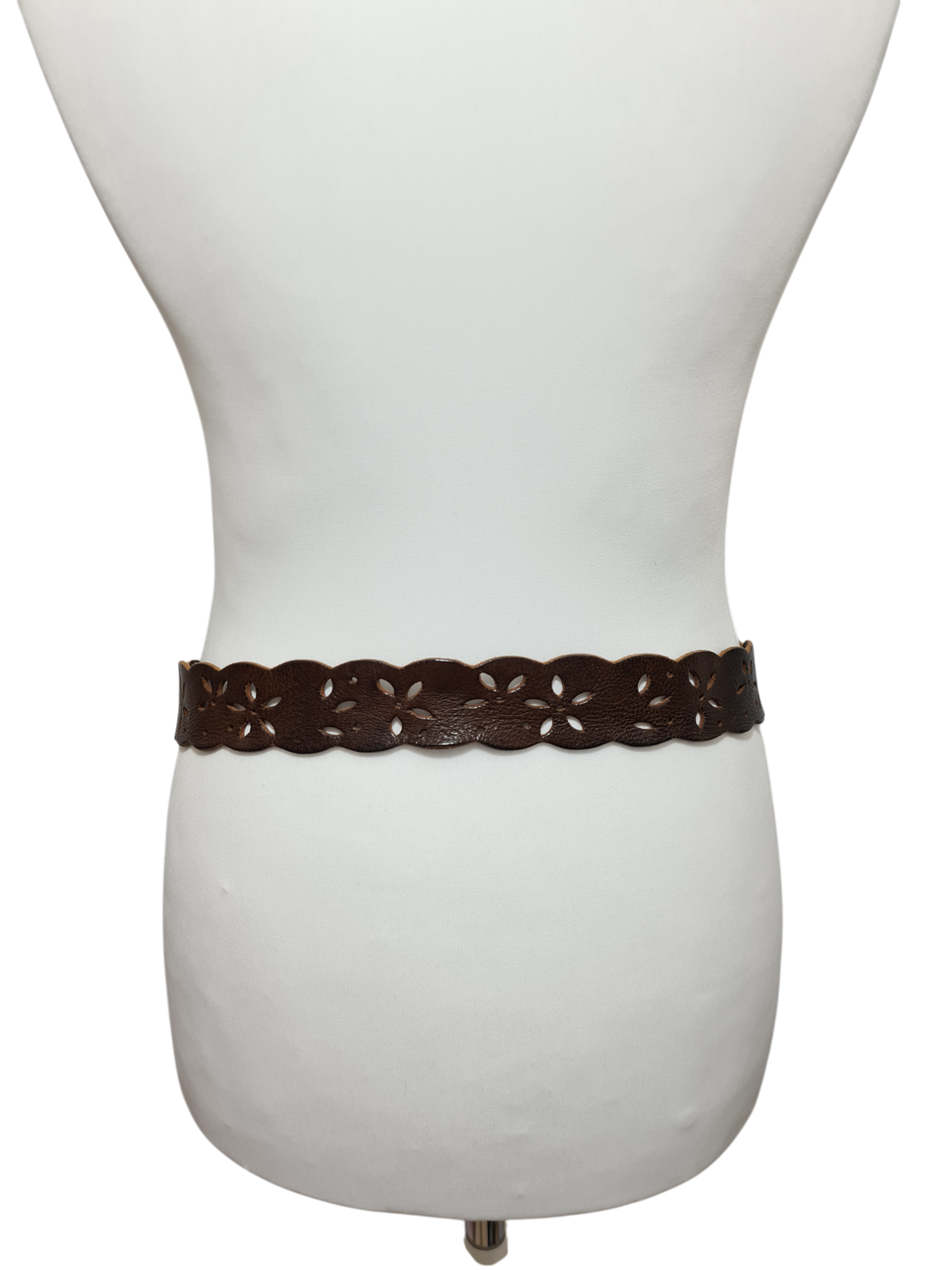 Ceinture marron perforée ajourée motifs floraux en cuir véritable des années 70-80 - FRIPEO