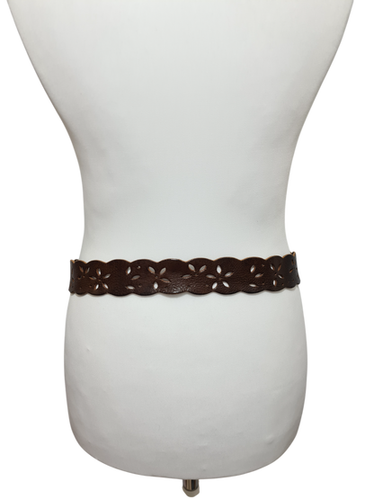 Ceinture marron perforée ajourée motifs floraux en cuir véritable des années 70-80 - FRIPEO