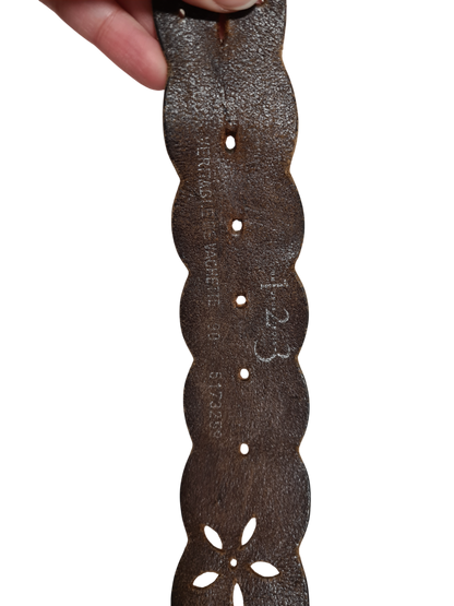 Ceinture marron perforée ajourée motifs floraux en cuir véritable des années 70-80 - FRIPEO