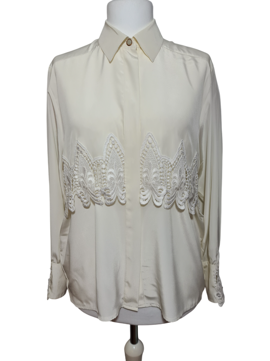 Chemisier femme blanc cassé en dentelle des années 80-90 EMMAUS
