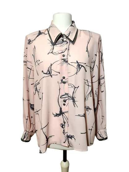Chemisier rose pastel à motifs gris des années 80-90 EMMAUS