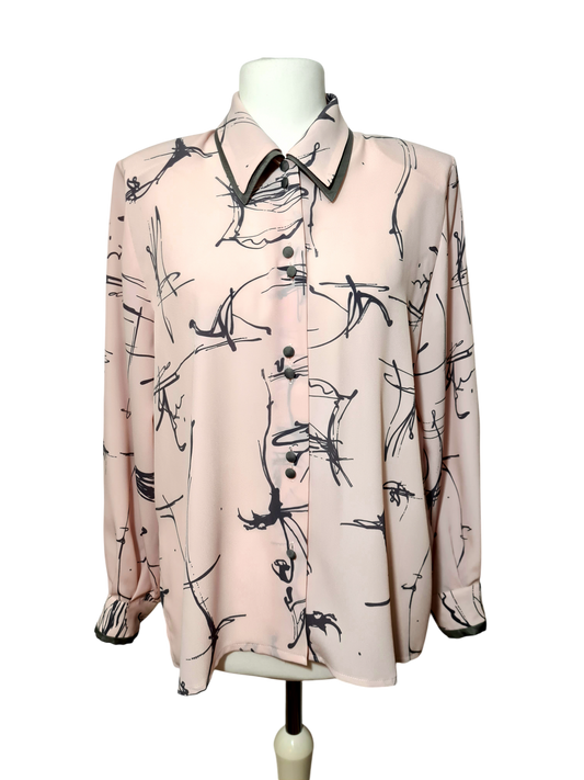 Chemisier rose pastel à motifs gris des années 80-90 EMMAUS