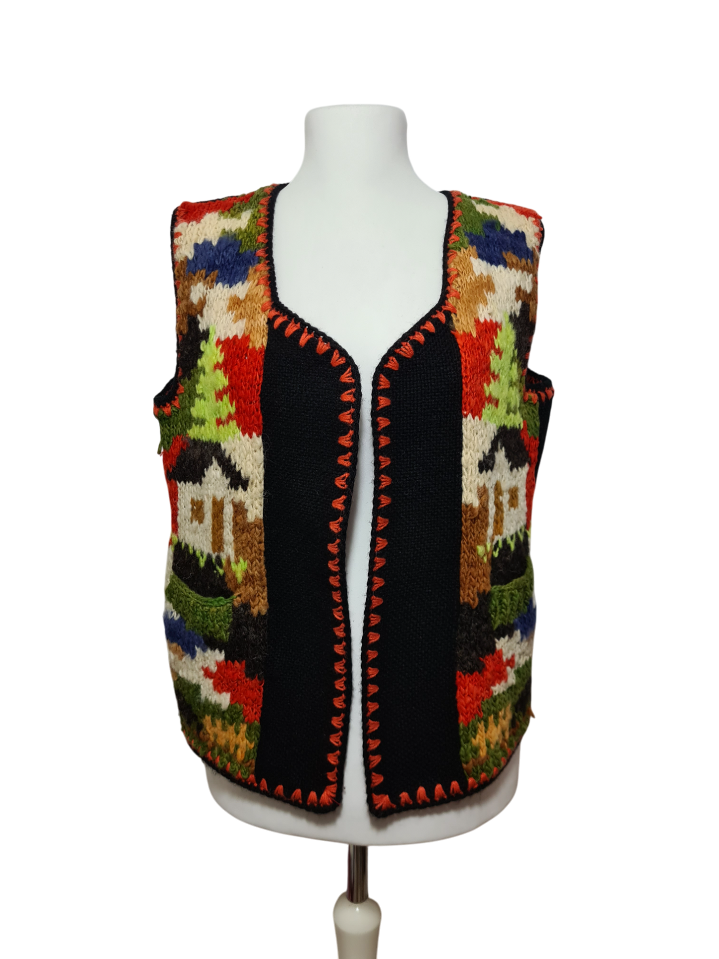 Gilet artisanal en laine tricoté folklorique motifs jacquard coloré inspiration nordique des années 70-80 EMMAUS