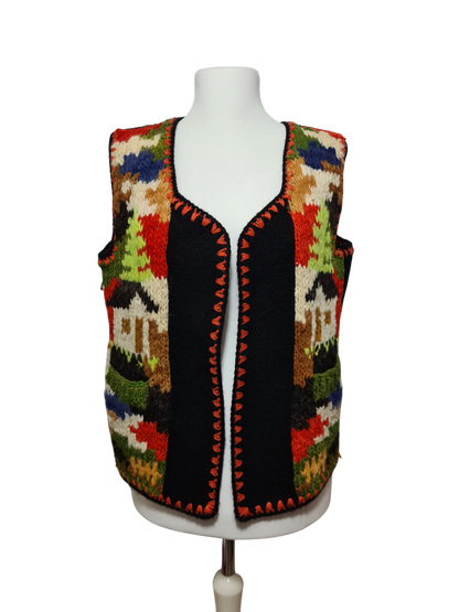 Gilet artisanal en laine tricoté folklorique motifs jacquard coloré inspiration nordique des années 70-80 EMMAUS