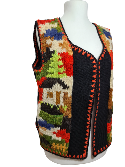 Gilet artisanal en laine tricoté folklorique motifs jacquard coloré inspiration nordique des années 70-80 EMMAUS
