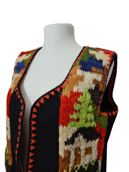 Gilet artisanal en laine tricoté folklorique motifs jacquard coloré inspiration nordique des années 70-80 EMMAUS