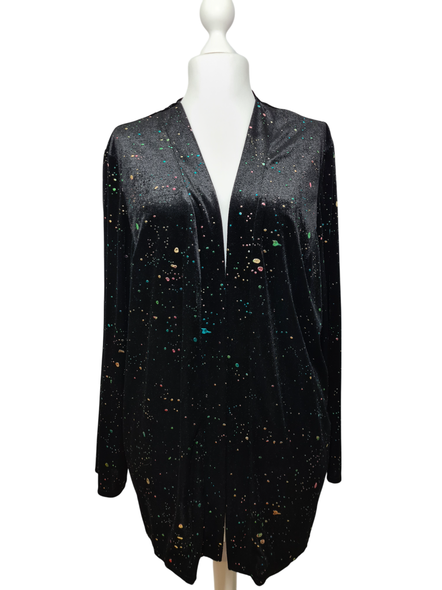 Long gilet noir en velours incrustations multicolores éclats lumineux des années 90-2000 EMMAUS