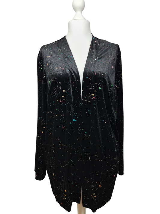 Long gilet noir en velours incrustations multicolores éclats lumineux des années 90-2000 EMMAUS