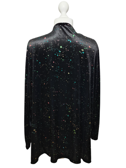 Long gilet noir en velours incrustations multicolores éclats lumineux des années 90-2000 EMMAUS