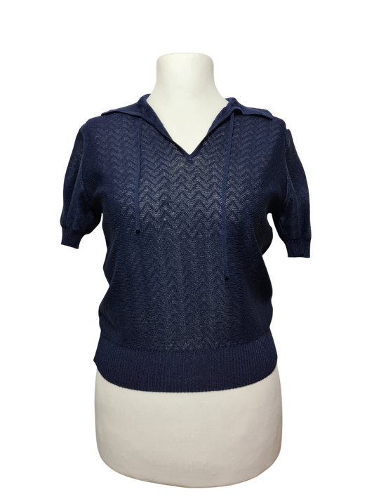 Pull femme bleu marine en maille autrichien des années 60-70 EMMAUS