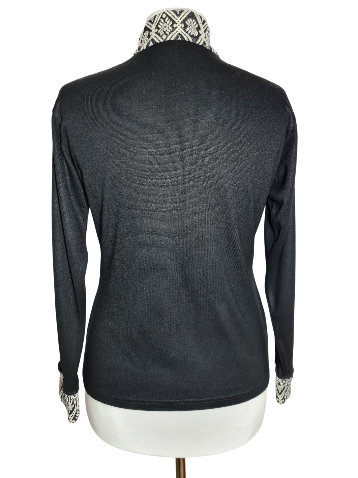 Pull femme noir vintage col et manches imprimé géométriques des années 80 EMMAUS