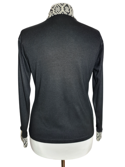 Pull femme noir vintage col et manches imprimé géométriques des années 80 EMMAUS
