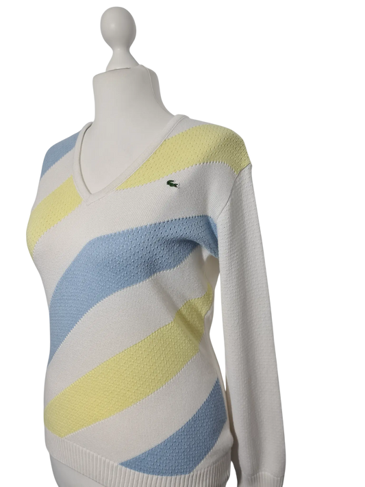 Pull Lacoste femme rayures diagonales bleu jaune blanc – taille 42 Aucun fournisseur