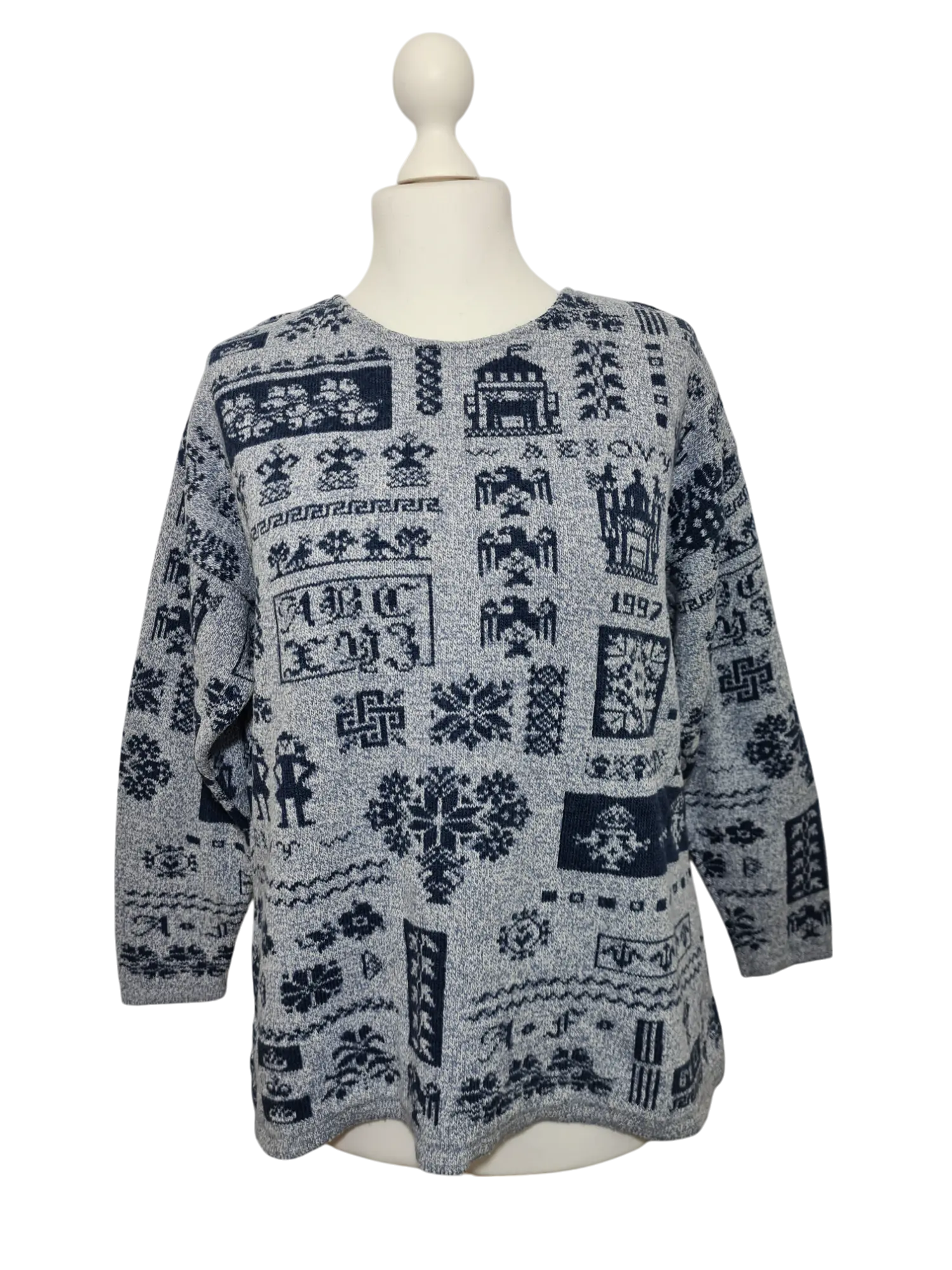 Pull chaud à motifs géométriques inspiration folklorique des années 80-90 EMMAUS