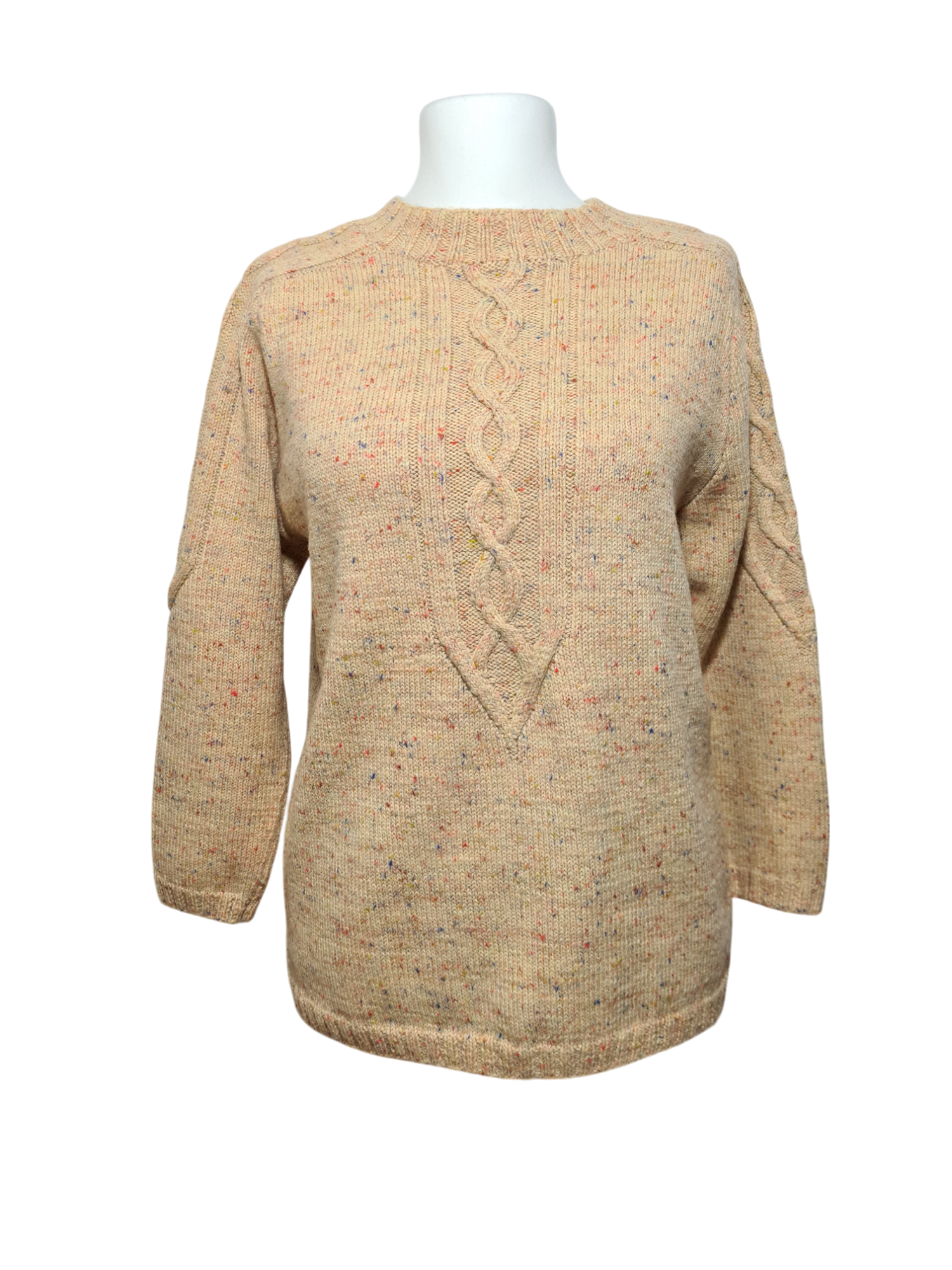Pull femme en laine mélangée jaune pastel inspiration Aran fait main des années 70-80 EMMAUS
