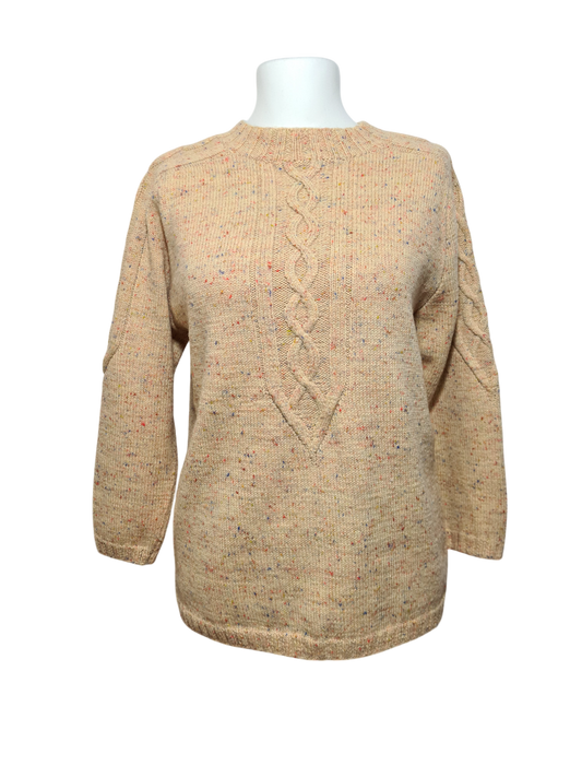Pull femme en laine mélangée jaune pastel inspiration Aran fait main des années 70-80 EMMAUS