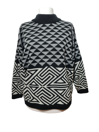 Pull graphique en laine style épaules tombantes New Man des années 80-90 EMMAUS