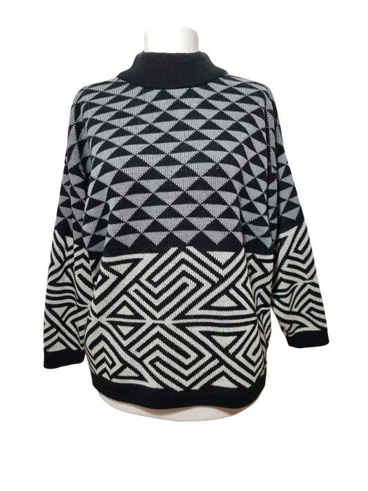 Pull graphique en laine style épaules tombantes New Man des années 80-90 EMMAUS
