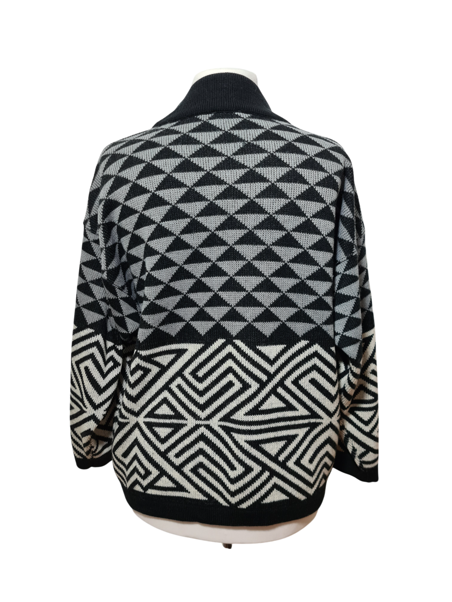 Pull graphique en laine style épaules tombantes New Man des années 80-90 EMMAUS