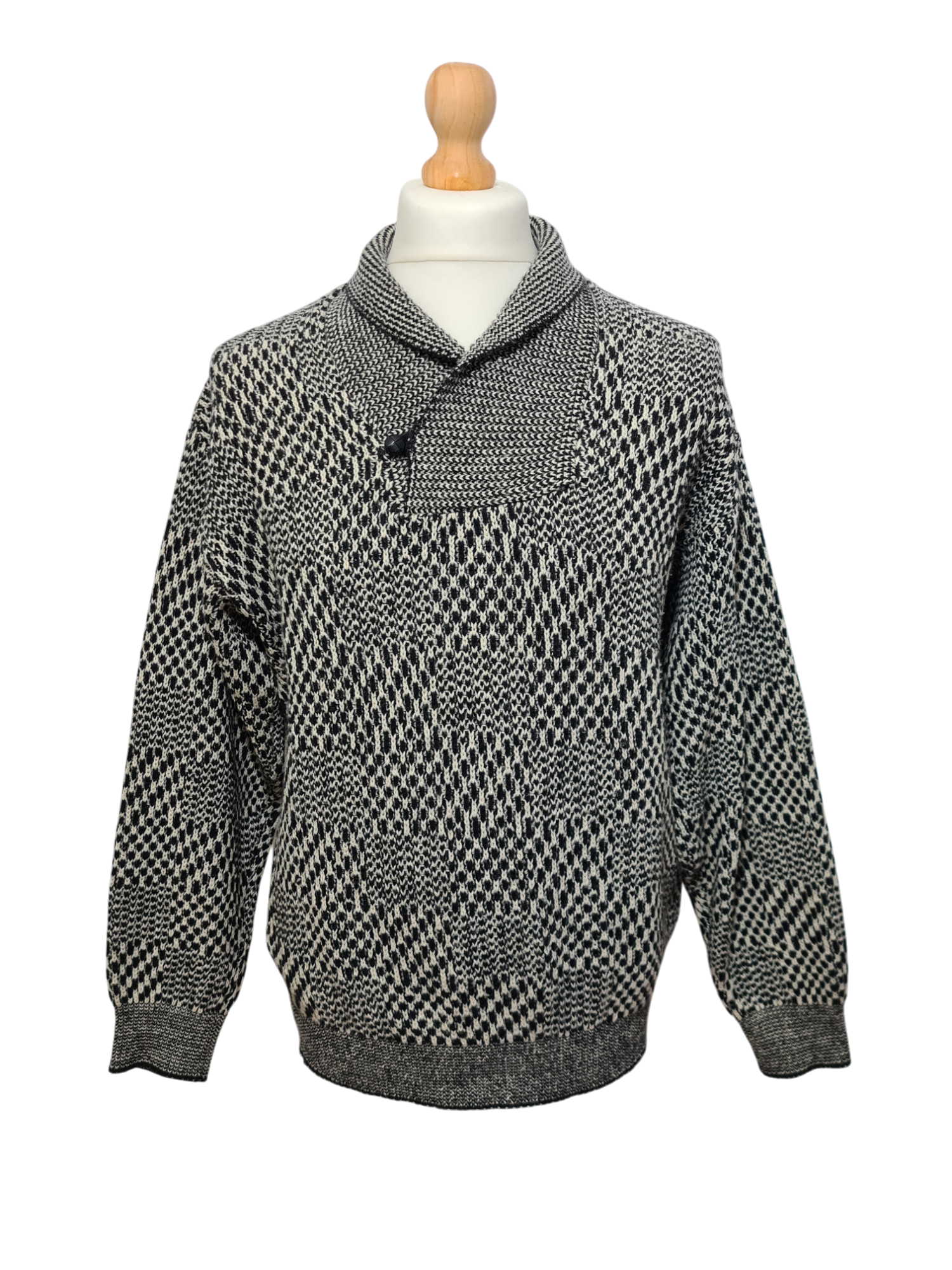 Pull graphique en jacquard noir et blanc des années 80-90 EMMAUS