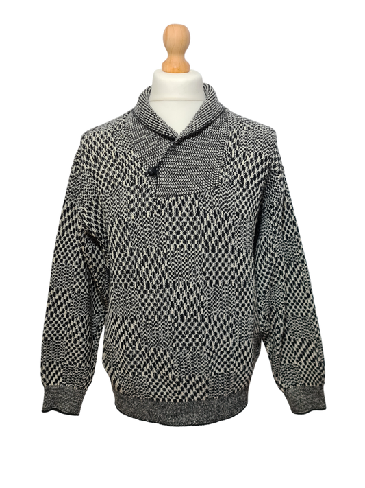 Pull graphique en jacquard noir et blanc des années 80-90 EMMAUS