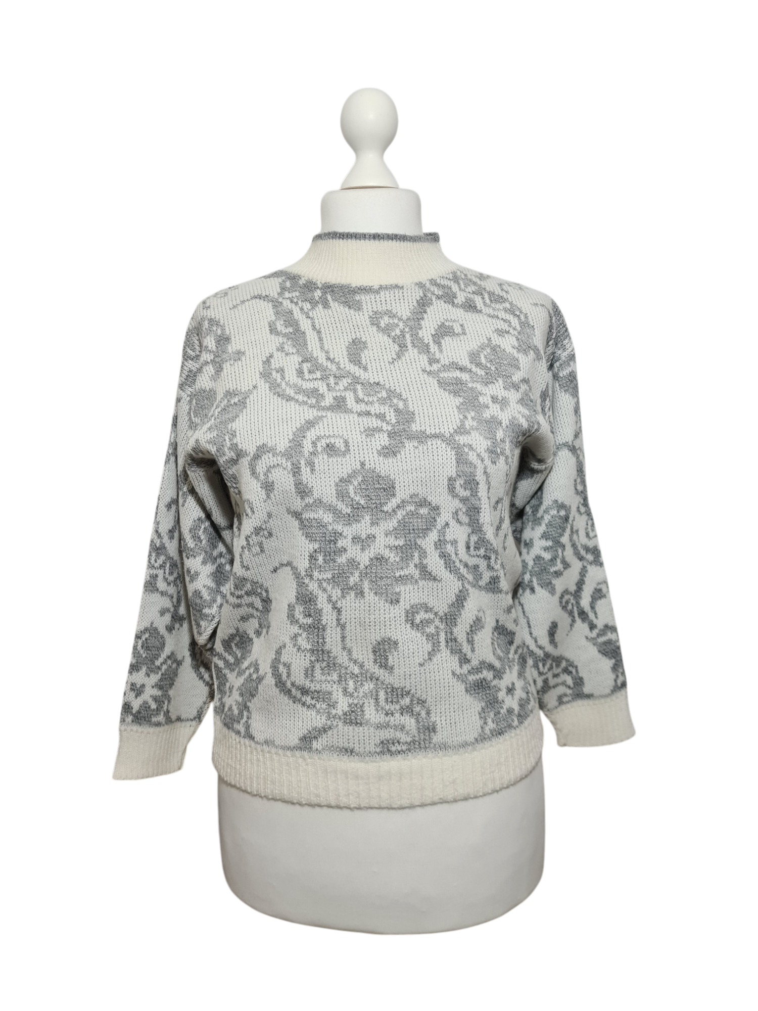 Pull femme jacquard fleuri style épaules tombantes des années 80-90 EMMAUS