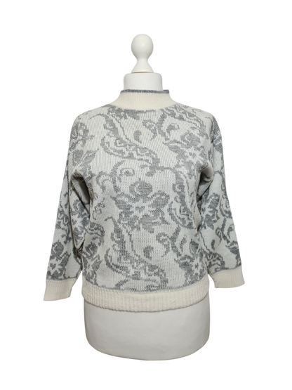 Pull femme jacquard fleuri style épaules tombantes des années 80-90 EMMAUS
